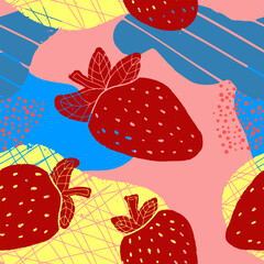 Strawberries and abstract spots, texture pattern. Vector colored seamless pattern. For print, design, fabric, wallpaper, paper