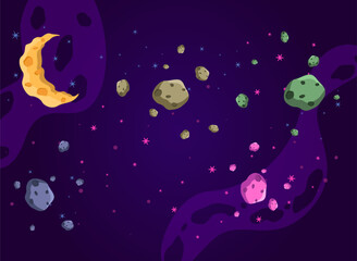 Night sky with moon, stars and planets. Vector illustration in cartoon style