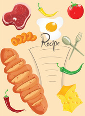 Illustration of a recipe book with a set of food and ingredients