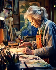 Fototapeta premium inspirational senior woman absorbed in painting