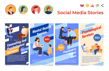 Mental health service counseling psychological help sale social media stories set vector