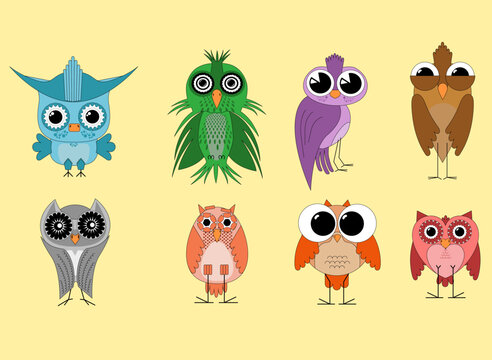 Collection of cute cartoon owls Vector illustration in flat style
