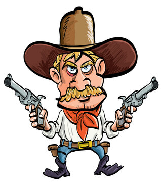 Cartoon cowboy with his guns drawn. Isolated on white