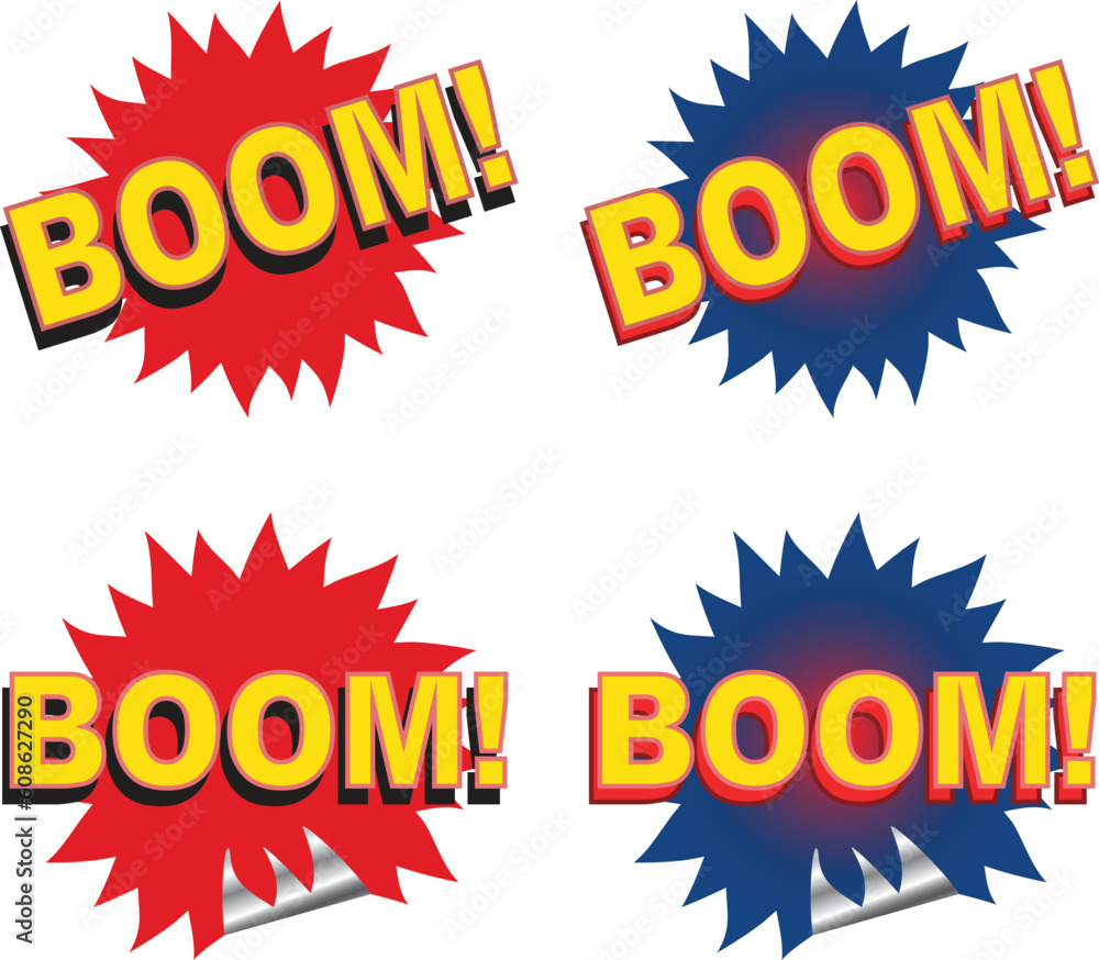 Poster set of web and print elements with the word boom. vector illustration