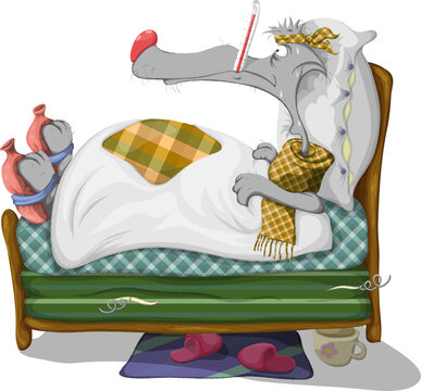 Children's illustration. The patient is a wolf in bed with a hot-water bottles and a thermometer.