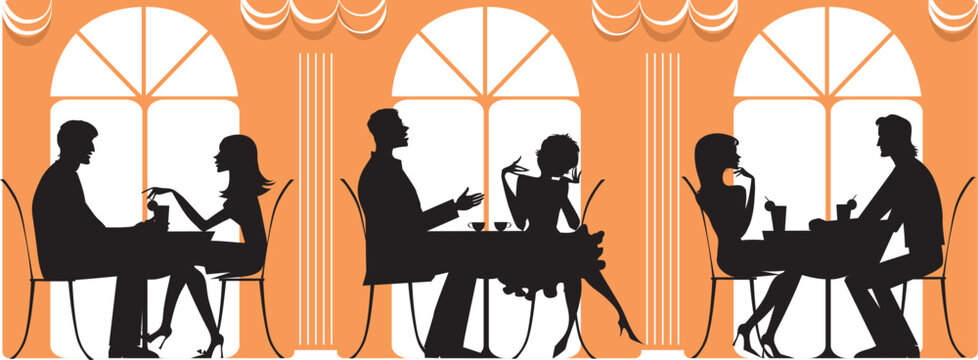 Silhouettes of three couples dinnig at restaurant