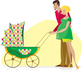 Happy couple enjoy newborn in the baby stroller