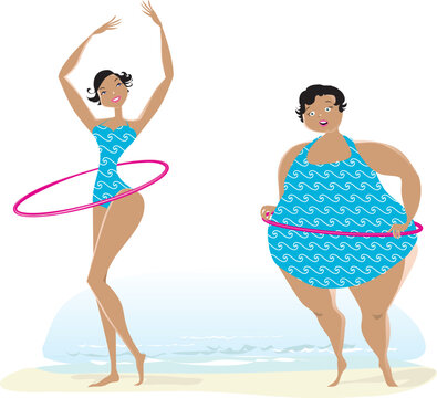 Slim and fat girls making exercises with bow on the beach