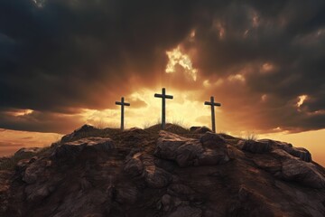 Three wooden crosses on hill at sunset background. Death and resurrection of Jesus Christ. Easter concept. Generative AI