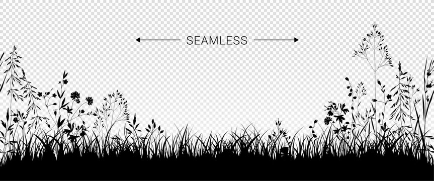  Field Grass Silhouette. Black and White Full Vector Greenery Texture on Transparent Background. Horizontal Seamless illustration