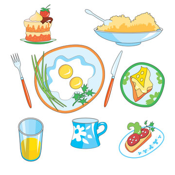 Icon set - foods, including eggs, sausage sandwich and cheese, orange juice,a piece of cake,  a cup of tea, a plate of porridge, a fork and knife.
