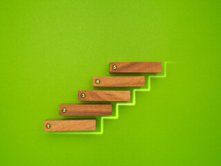 Ladder of success in business growth concept. Wooden blocks stacked step to stair with 1 to 5 number icons on a green background