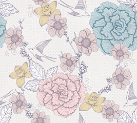 Seamless floral pattern. Seamless pattern with flowers and birds. Elegant and romantic background with swallows.