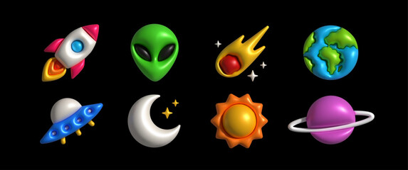 Inflatable Rocket. Inflated 3D element with the plasticine effect. Set shapes space rocket, alien, meteorite, planet, spaceship, moon, sun, saturn. Vector illustration © Vladyslav