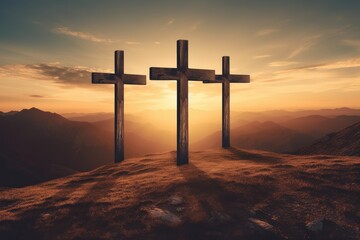 Three wooden crosses on hill at sunset background. Death and resurrection of Jesus Christ. Easter concept. Generative AI - obrazy, fototapety, plakaty