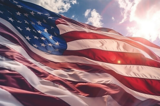 American flag on the blue sky. Independence Day of USA. Generative AI