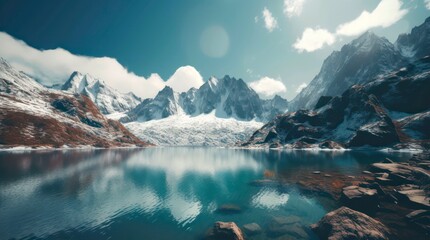 Incredible landscape of snowy mountains and clear blue lake. Generative AI.