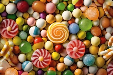 Fototapeta na wymiar Top view of sweets, colorful candies background. Colorful lollipops, different colored round candy. Generative AI