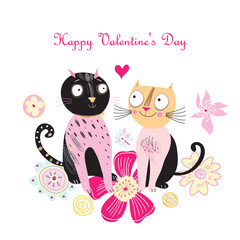graphic funny cat lovers on a white background with flowers