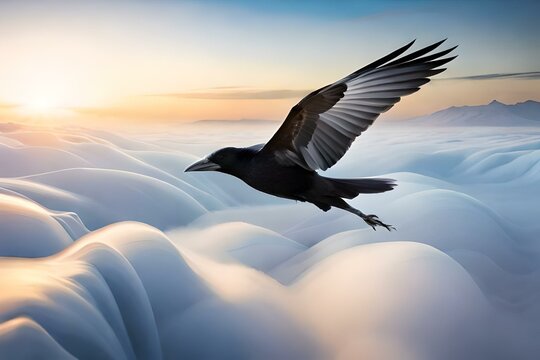 A crow in mid-flight, soaring with grace and precision through the sky