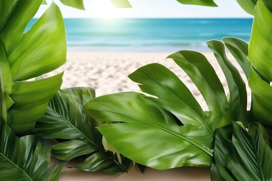 Summer background with green palm, monstera leaves on sand background. Beach texture. Copy space. Top view. Generative AI