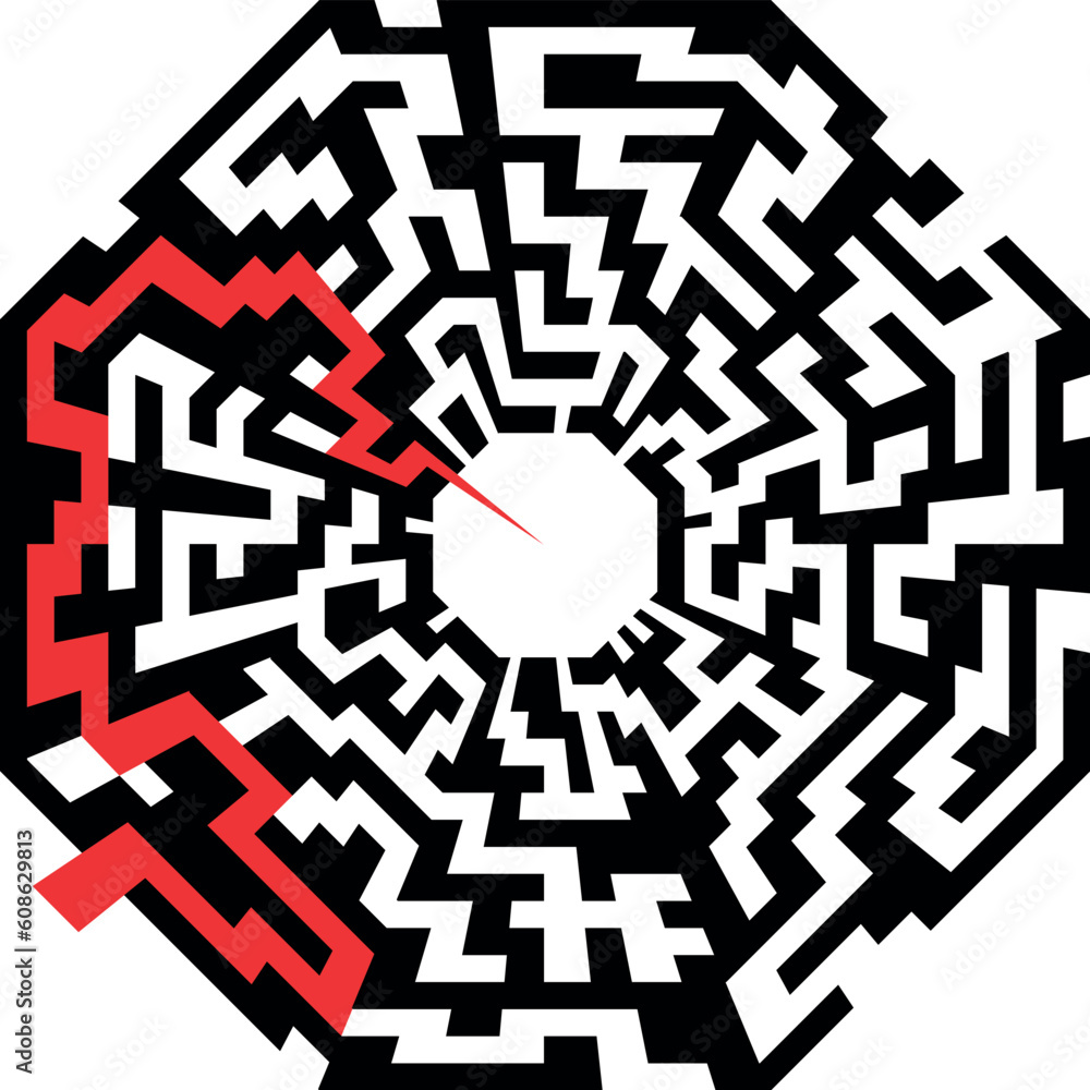 Poster illustration of an abstract maze with the shape of an octaeder and a red arrow leading to the center