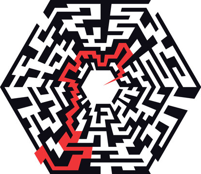 illustration of an abstract maze with the shape of an hexaeder and a red arrow leading to the center