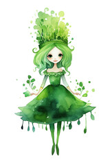 green queen watercolor clipart cute isolate white background