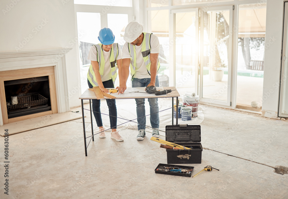 Poster home renovation, construction and architect team at table for maintenance or architecture. engineer 