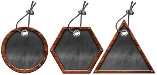 Collection of labels with wooden frame, blank blackboard with copy space and steel cable for hanging. Isolated on white or transparent background. 3D illustration and photography, png.