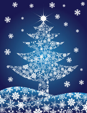 Christmas Tree Silhouette with Snowflakes on Blue Background Illustration