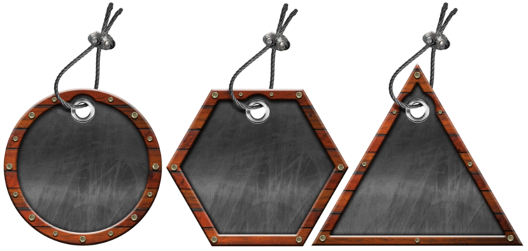 Collection of labels with wooden frame, blank blackboard with copy space and steel cable for hanging. Isolated on white or transparent background. 3D illustration and photography, png.