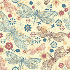 vector seamless pattern with flying  dragonflies and flowers