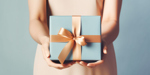 Woman hands holding a gift box for special event. Valentines day, Christmas, Birthday concept. Generative AI.