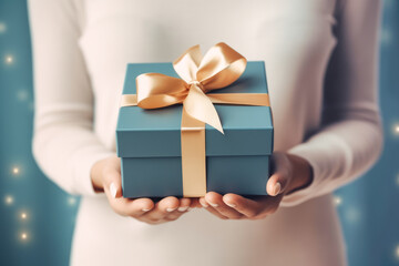 Woman hands holding a gift box for special event. Valentines day, Christmas, Birthday concept. Generative AI.