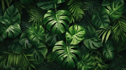 Naklejka na ściany i meble Creative tropical green leaves layout. Nature spring concept. Flat lay. Monstera and palm exotic leaves. Top view. Generative AI