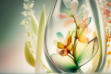 Beautiful Spring Flowers and abstract glass design, Close up, blossom, and bloom background. Pantone, color. generative ai