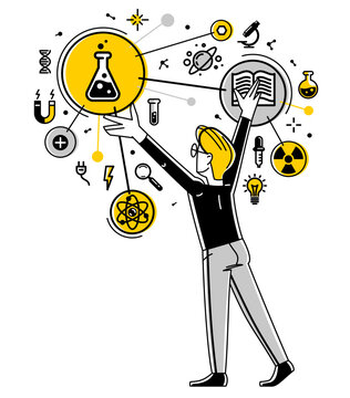 Scientist working on some science research or invention, discovering theory and making an experiments, vector outline illustration, physics and chemistry.