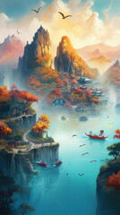 Fototapeta na wymiar Chinese landscape painting,created with generative ai tecnology.