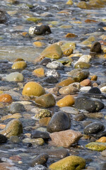 Pebbles on the seashore close-up. Rocky beach. Stones close-up with bokeh. Gray natural background. Autumn on the seashore. Waves and wet pebbles