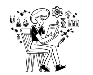 Scientist discovering science theory and making experiments vector outline illustration, theoretical science research or invention, education learning university.