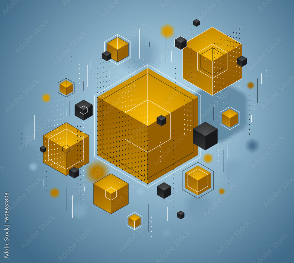 Poster cubes cluster with yellow and blue elements lines and dots vector abstract background, 3d abstractio