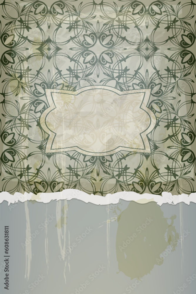 Poster vector seamless pattern on crumpled paper with grunge blots and splashes and torn edge, eps 10, mesh