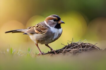 A sparrow in a puddle or bird , splashing water and refreshing itself