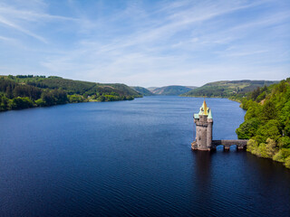 Lake Vyrnwy in Wales Aerial, sunny day, UK