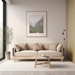 Interior design of a living room focussing on wall with couch, minimal style, beige and wood