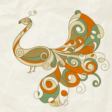 vector stylized peacock with detailed feathers on crumpled paper texture, eps 10, mesh