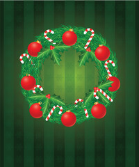 Christmas Wreath with Tree Ornaments Candy Cane and Holly Leaf Berries on Snowflakes Background Illustration