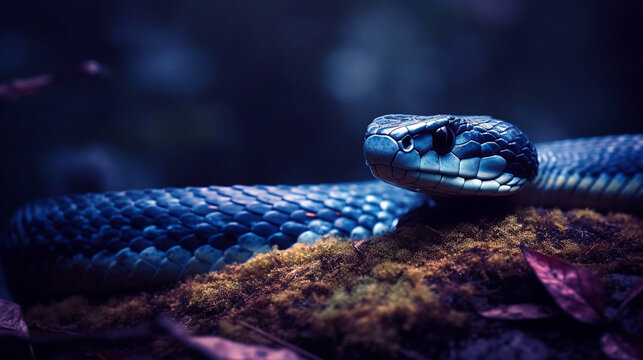 A photo of a majestic Blue Viper snake coiled up on a tree branch. Generative AI