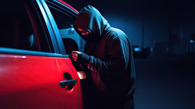 Car thief in mask tries to open car door for stealing transportation at night lighting, anonymous motor vehicle theft use auto theft tools stealing auto transportation, generative AI